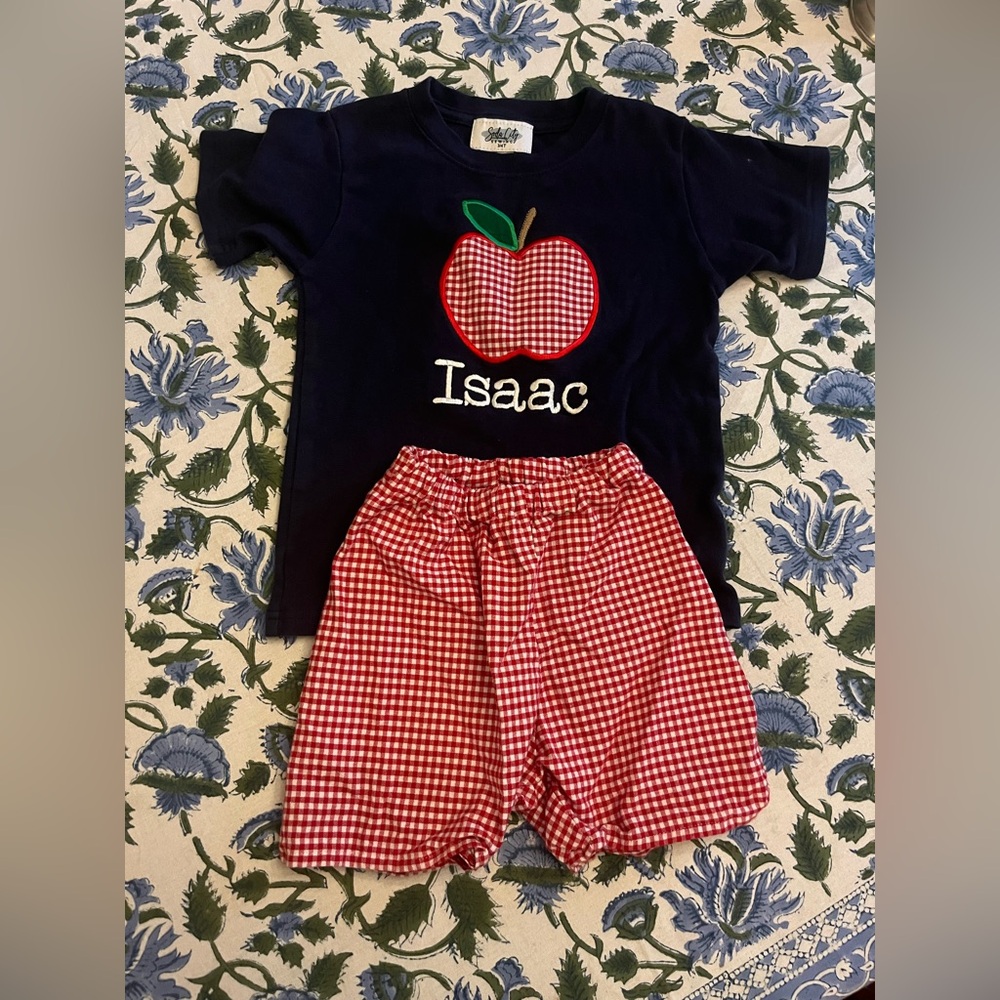 Monogrammed “Isaac “ Navy Apple T-Shirt and Red Gingham Shorts Set